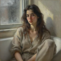 detailed portrait in comfortable femininity, ethnic, statuesque, relaxed realistic face, casual wear, cozy study bathed in morning light, chiaroscuro, radiosity, angular impressionism, contrasting highlights, calm neutral color scheme, rainy window dappled light, modern fashion, contemporary fine art, deep rich hues, oil on canvas