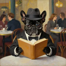 a portrait picture of a black french bulldog wearing a dinner jacket wearing a hat and reading glasses, sitting at a table at a crowded french cafe classic oil painting symmetric