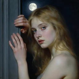 girl under moonlight by auguste toulmouche and bouguereau, dark lighting, perfectly detailed eyes, beautiful hands, pale skin, blonde hair, leaning on door, dreamy mood to the painting - n 6