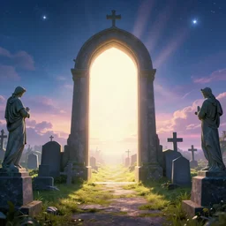 photograph of a portal portal to bright heaven in a graveyard graveyard, graveyard statues, serene, crosses, cinematic, tyndall effect, sunlight, god rays, global illumination, hypermaximalist, detailed, landscape 4k, 8k, breathtaking stars, surrealism, distant, concept art, digital art, sharp focus, mystic hues, acid pixie, RTX, octane render, Trending on DeviantArt, by lee madgwick