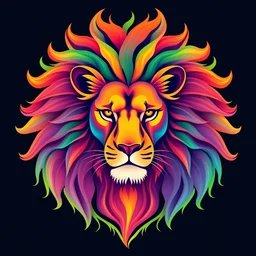 beautiful majestic colorful vibrant, lion head, mane of multicolor flame, flat psychedelic illustration, fractals radial flowing