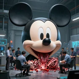 a giant mickey mouse head, factory floor, dissected by a group of network executives, octane render, cgstation, 3 d render, very detailed, mindblowing, blood and guts, gritty, cyberpunk