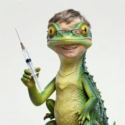 bill gates as a reptile with green scales and yellow vertical pupills!!!, holding a syringe!!, portrait, intricate, elegant, highly detailed, digital painting, artstation, concept art, wallpaper, smooth, sharp focus, illustration, art by h. r. giger and artgerm and greg rutkowski and alphonse mucha
