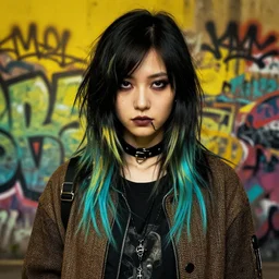 highly detailed portrait of a moody sewerpunk young adult lady with a harris tweed holdy by greg tocchini, by krenz cushart, by brian lee o'malley, by kaethe butcher, gradient yellow, black, brown and cyan color scheme, grunge aesthetic!!! ( ( graffiti tag city background ) )