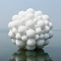 there are many white spheres. according to a building formed by prato theorem and bubble cluster, it is designed by joseph platform on the calm water