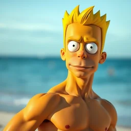 professional photo of person looking like bart simpson, he's muscular and confident, on the beach at noonday, blur background, high details, original simpsons cartoon style