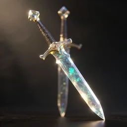 assassin holding translucent colorful precious crystal sword on a dark background, ray - tracing, beautiful, black opal, sharp focus, octane render, beautiful hdr 8 k, moody dark environment realistic, specular, detailed, unreal engine 5, golden hour, magical shimmering effect, light smoke, modern background wallpaper, wlop, chebokha, rutkowski