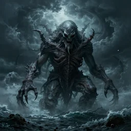 an ultradetailed matte painting of cthulu rising out of a churning stormy sea, ominous and scary, dark thunderstorm, lovecraftian horror, ocean monster, intricate detail, cinematic, 8 k, cel shaded, volumetric lighting, octane render, art by greg rutkowski and albert bierstadt
