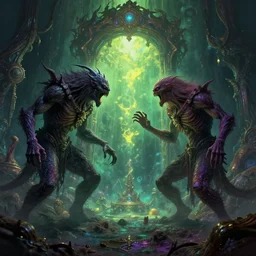 two lovecraftian monsters fighting on alien planet, underwater world, ornate and intricate, glowing nether portal, dim painterly lighting volumetric aquatics, jaw droping by anton fadeev, by rhads, by francis bacon, 4 k, detailed, subsurface scattering, green - purple - yellow lighting, trending on pixiv