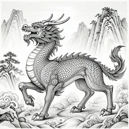 麒 麟 made with dense line drawing, symmetry, by hokusai and james gurney, 山 海 经, exquisite detail, hd, 8 k, unreal