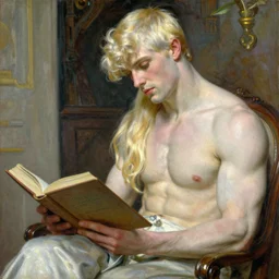 A painting of a pale strong muscular gentleman reading a book to his blond male beloved, with beautiful long platinum blond hair, by Leyendecker and Norman Rockwell