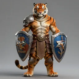 commission portrait of a fit male anthro tiger holding a shield and wearing armour,character design by charles bowater,greg rutkowski,ross tran,hyperdetailed,hyperrealistic,4k,deviantart,artstation,professional photography,concept art