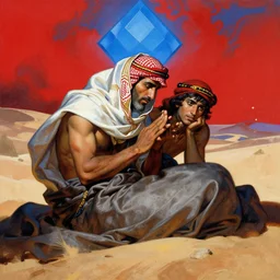 Silk sheet intercession desert the tempest male Bedouin under crimson azure diamond sky, in the style of Frank Frazetta, Jeff Easley, Caravaggio, extremely clear faces coherent, clear lines, 8K revolution
