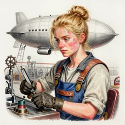 airship mechanic working in a shipyard, steampunk, blonde, tank top, overalls, finely illustrated face, highly detailed, colored pencil, studio ghibli, tankobon, in the style of ilya kuvshinov and krenz cushart and william - adolphe bouguereau and alphonse mucha