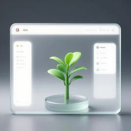 a realistic visual of web user interface, little green plant, opaque glass, glass morphisme, ui, 3 d design, futuristic, ultra detailed, colorless, deeper shadows, 4 k, unreal engine,