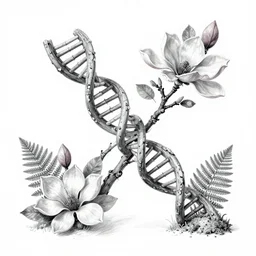 3D winding DNA strand intertwined with magnolia flowers, ferns, insect wings, leaves and moss in black and white pencil drawing style with soft shades of pink and green.