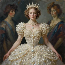 a realistic liquid queen with a decorated dress made of white pearls , highly detailed, digital painting, Trending on artstation , HD quality, by artgerm and greg rutkowski and alphonse mucha, dramatic light, octane upscale max