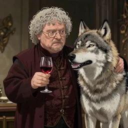 George R.R. Martin as Tyrion Lannister wearing glasses with grey hair petting a dire wolf and raising a glass of wine, ambient lighting, 4k, anime key visual, lois van baarle, ilya kuvshinov, rossdraws, artstation