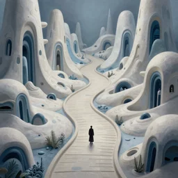 an epic elite mysterious whimsical masterpiece fantasy matte painting of an impossible surreal path winding through arctic dream worlds with surreal architecture designed by heironymous bosch, structures inspired by heironymous bosch's garden of earthly delights, surreal ice interiors by cyril rolando and cyril rolando and asher durand and natalie shau, insanely detailed and intricate, hypermaximalist, elegant