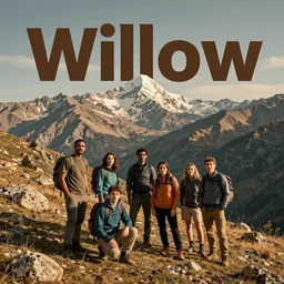 “Vintage travel poster of Willow team in Armenia hiking at a weekend and posing with mountains on the background, big letters composing ‘Willow’ word at the top of the poster”