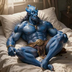 photo shot of muscular genie with blue skin covered in oil, posing in bed, morning sunlight, dramatic, romantic, detailed, realistic, in style of j. c. leyendecker