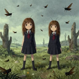 in the style of artgerm, a plague of locusts decend on the olson twins