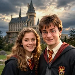 miranda otto, posing for a selfie with harry potter, in front of a castle on a mountain