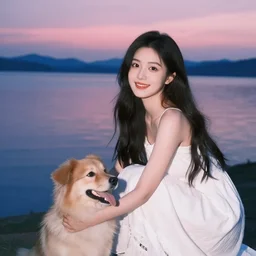 a beautiful girl with a beautiful face wearing white dress, a dog, john martin landscape, lake evening, pink and blue colors