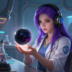 league of legends concept art beautiful young female scientist examining spherical black hole in her hand, long purple hair, headphones, futuristic laboratory background interior, table with laboratory equipment, art by charles liu, close - up shot, fantasy style, soft lighting, vibrant color scheme, female portrait, ultra detailed, volumetric lighting, octane render, commission art, 8 k wallpaper