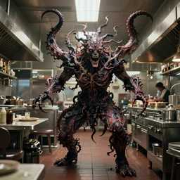 guy fieri, turning into an eldritch horror monster, with tentacles, in a restaurant kitchen, film still from the movie directed by denis villeneuve with art direction by salvador dali