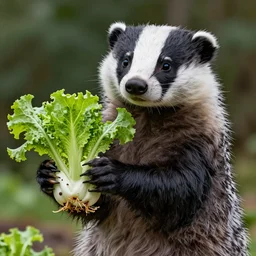 realistic detailed drawing of a cartoon badger proudly holding up hydroponic vegetables by Chris Spollen, trending on Artstation, rich deep vibrant colors