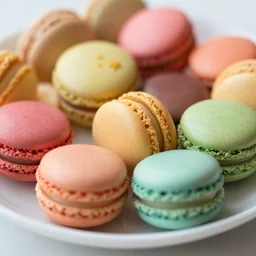 A plate of colorful French macarons, Michelin Star, food photography, macro lens