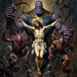 the platonic ideal of jesus christ of cletus kasady ultimate carnage thanos dementor doctor manhattan chtulu nazgul, detailed, intricate, hyperrealism, intense, scary, decay, dmt, art by brock hofer and artgerm and greg rutkowski and alphonse mucha