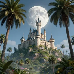a castle in the sky on a magical hill surrounded by giant palm trees, giant moon in the sky, cinematic, digital art by erik johansson, 8 k resolution, hyper detailed, sharp focus