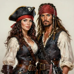 couple in love. fully clothed armed female pirate captain, rachel wall, with a male pirate partner, sun, summer, blue eyes, beauty, wisdom, love, strength, knowledge, smart, portrait, symmetrical, highly detailed, digital painting, artstation, smooth, sharp focus, illustration, strength, art by felice house. 8 k
