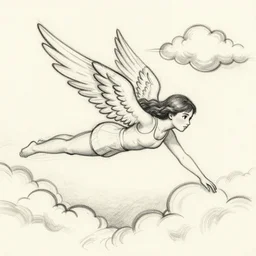 a sketch drawing, a girl with wings flies among the clouds by gabo mendoza, trending on artstation