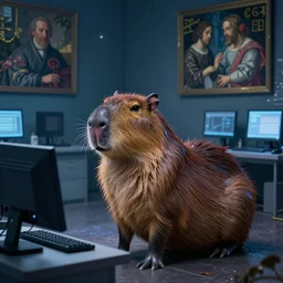 an eerie capybara in a shimmering computer lab by paul gauguin and mantegna | awe - inspiring digital illustration