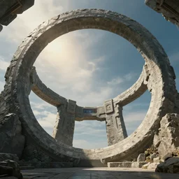 stargate made of stone that form a circle, cinematic view, epic sky : : highly detailed