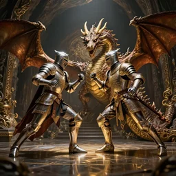 knights and dragon for honor style fight in cave, volumetric lighting, movie action scene, 8 k, lumen reflections, sharpened, insanely detailed and intricate, elegant, ornate