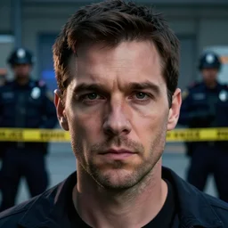 Close up half-face portrait of a man with a crime scene full of police and CSI in the background. Photorealistic. Award winning. Dramatic lighting. Intricate details. UHD 8K. He looks guilty.