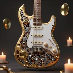 electric guitar mechanical architecture mix of organical elements combined with nano machines, ith worlds inside floating about the space, dimly lit with candles, gold mirrors, hdr 25, concept art, 3d render texture master, hd