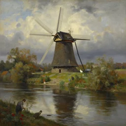 a stunning painting of a old mill next to beautiful river by thomas kinkade and john aktinson grimshaw, matte painting, moody palette