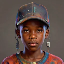 colourful caricature - vfx art - portrait of a nigerian boy wearing a baseball cap with wires and computer chips dangling from inside, art style by james jean, hsiao - ron cheng & frank frazetta, character concept art, digital illustration, unreal engine render, sharp, intricate detail, volumetric light, ray tracing, soft light, symmetric, pinterest, artstation, behance,