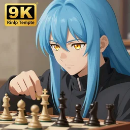 profile shot of rimuru tempest playing chess, with amber eyes of golden colored eyes, straight hair, sky blue hair, long bangs, high collar, concept art, award winning photography, digital painting, cinematic, by wlop, anime key visual, wlop, 8 k, by ross tran, tom bagshaw, andy warhol