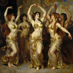 hyper realistic painting of bellydancers, gold ornaments, flowing fabric, intrincate detail by wayne barlowe, gustav moreau, goward, gaston bussiere and roberto ferri, santiago caruso, and austin osman spare, ( ( ( ( occult art ) ) ) ) bouguereau, alphonse mucha, saturno butto