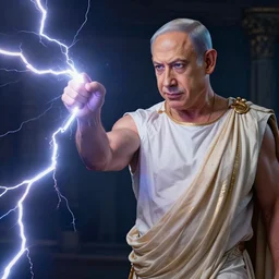 benjamin netanyahu as a greek god of lightning, shooting lightning bolts, highly detailed, ultra clear, by artgerm and greg rutkowski