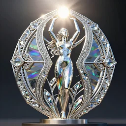 geometric mathematical shaped metal sculpture with ornate crystal glass elements reflecting rainbows into iridescent patterns, female figure within the sculpture with her arms towards the sky, sun shining down upon the scene, style of jack storms, octane render, 4 k, intricate, detailed, 3 d