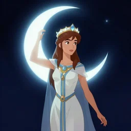 artemixel, the modern reincarnation of the old selenium greek god of hunt, also known as artemis the selene, carrying the celebrated crown of the crescent moon wich its usual bright and slightly bluish crescent like the brightness of the night. cartoon by moebius. character design, concept design