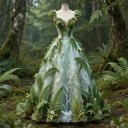 a haute couture dress of ferns and flowers and glacial runoff, curvy features, costume design + octane render + hyper realistic + swampy background, vintage