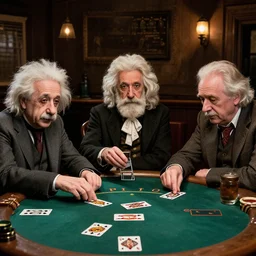 photograph of albert einstein and isaac newton and stephen hawkins playing poker in an old west saloon